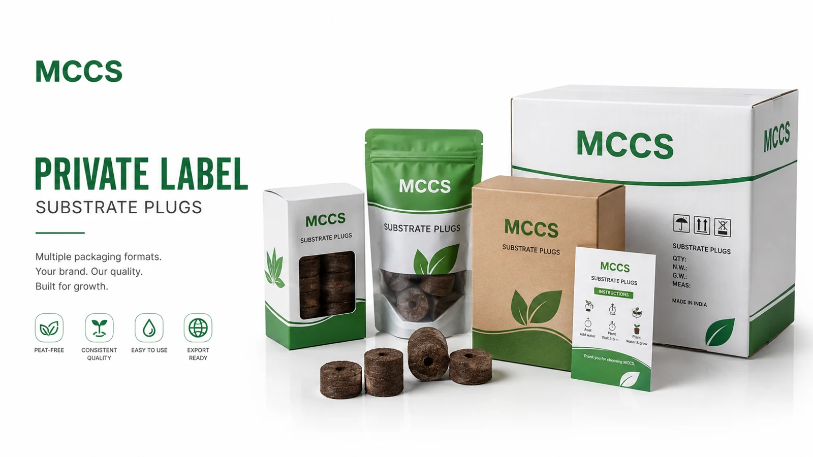 Private label packaging for molded coconut coir and peat substrate plugs